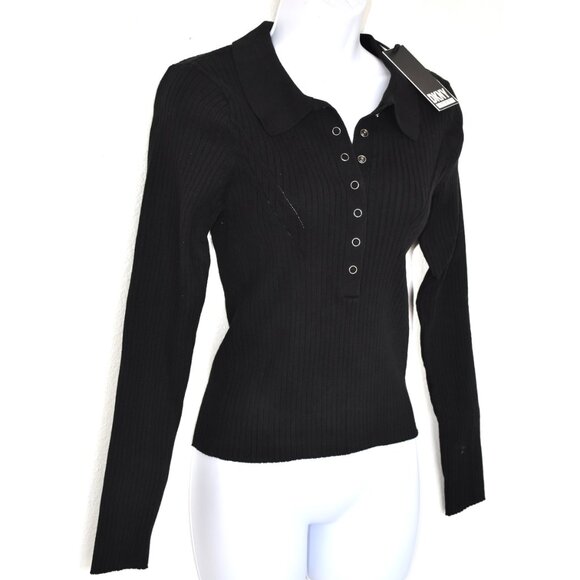 DKNY JEANS WOMEN NWT RIB COTTON BLEND KNIT BLACK POLO SWEATER. SIZE L - Picture 5 of 10
